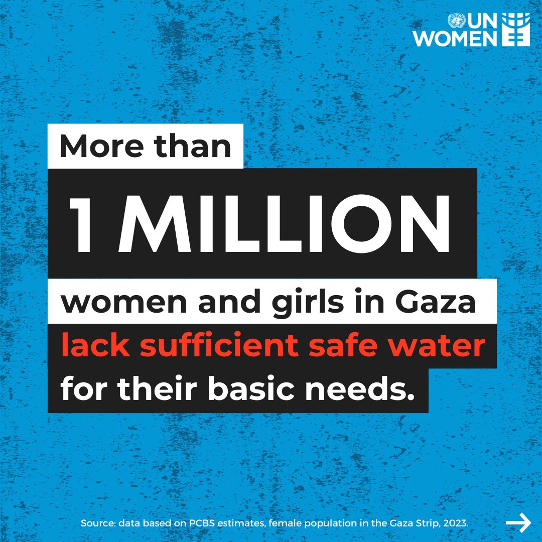 Over one million women & girls in Gaza lack access to safe water, leading to a rise in diseases amid dire living conditions.

More in @UN_Women's latest gender analysis of the war's impact on vital services for women & girls' health, safety & dignity: unwomen.org/en/news-storie…