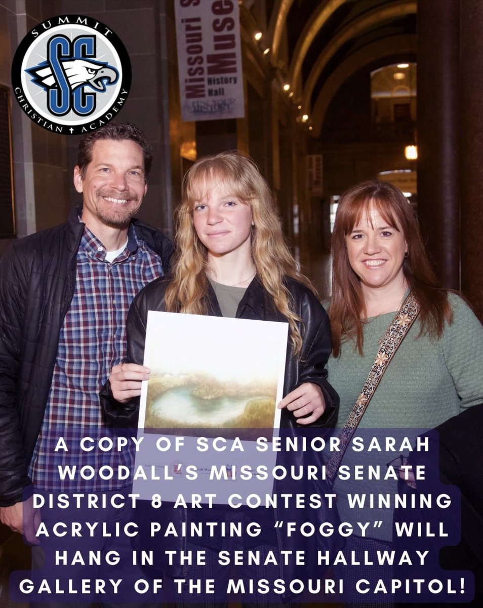 summitacademye1's tweet photo. A copy of SCA Senior Sarah Woodallโs Missouri Senate District 8 Art Contest winning acrylic painting โFoggyโ will hang in the Senate hallway gallery from April 2024 to March 2025! Sarah & her parents recently attended the Missouri Senate Art Awards Ceremony.
#SCACommunity https://t.co/RO071UY2bv