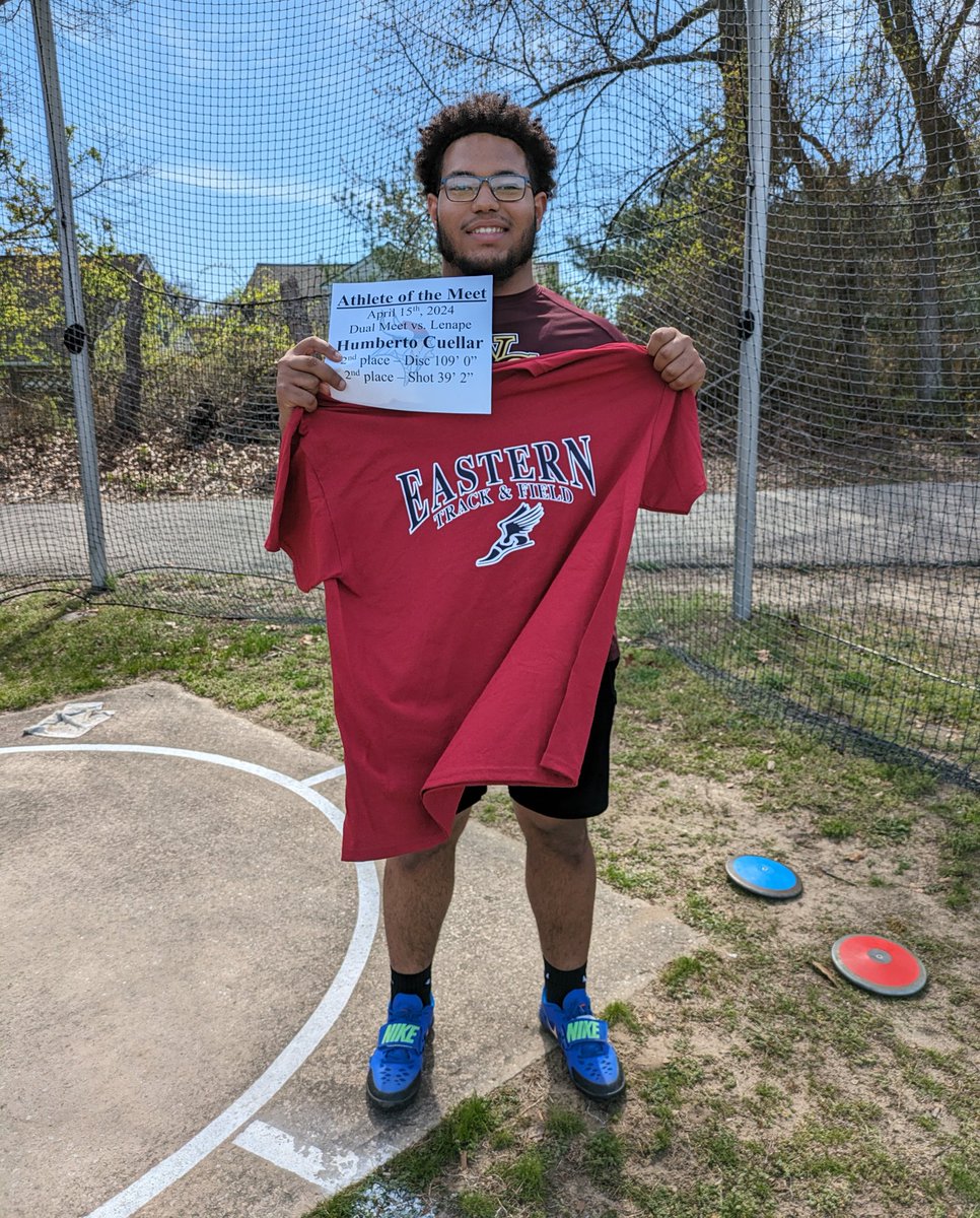 Our 2nd Athlete of the Meet is Humberto Cuellar who placed 2nd in both shot (39' 2') and disc (109' 0') getting us 6 crucial points to secure the W. Both are PRs for the outdoor season and he also threw a PR in javelin. Great work Humberto! @easternviking