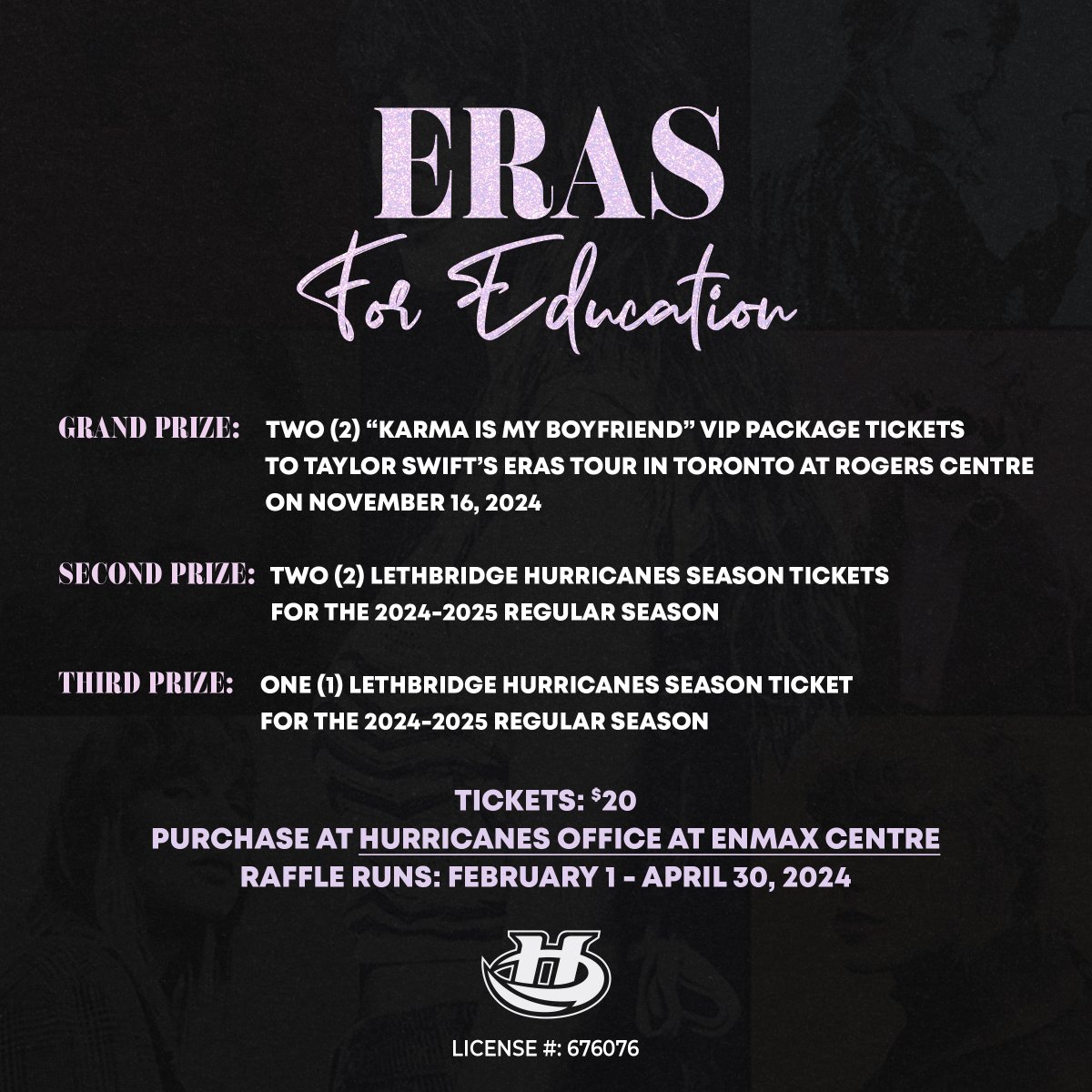 Just 2 more weeks and less than 100 tickets left for our Eras for Education Raffle! Tickets are just $20 - stop by the #WHLCanes office or give us a call at 403-328-1986 to buy your tickets! #ErasTour