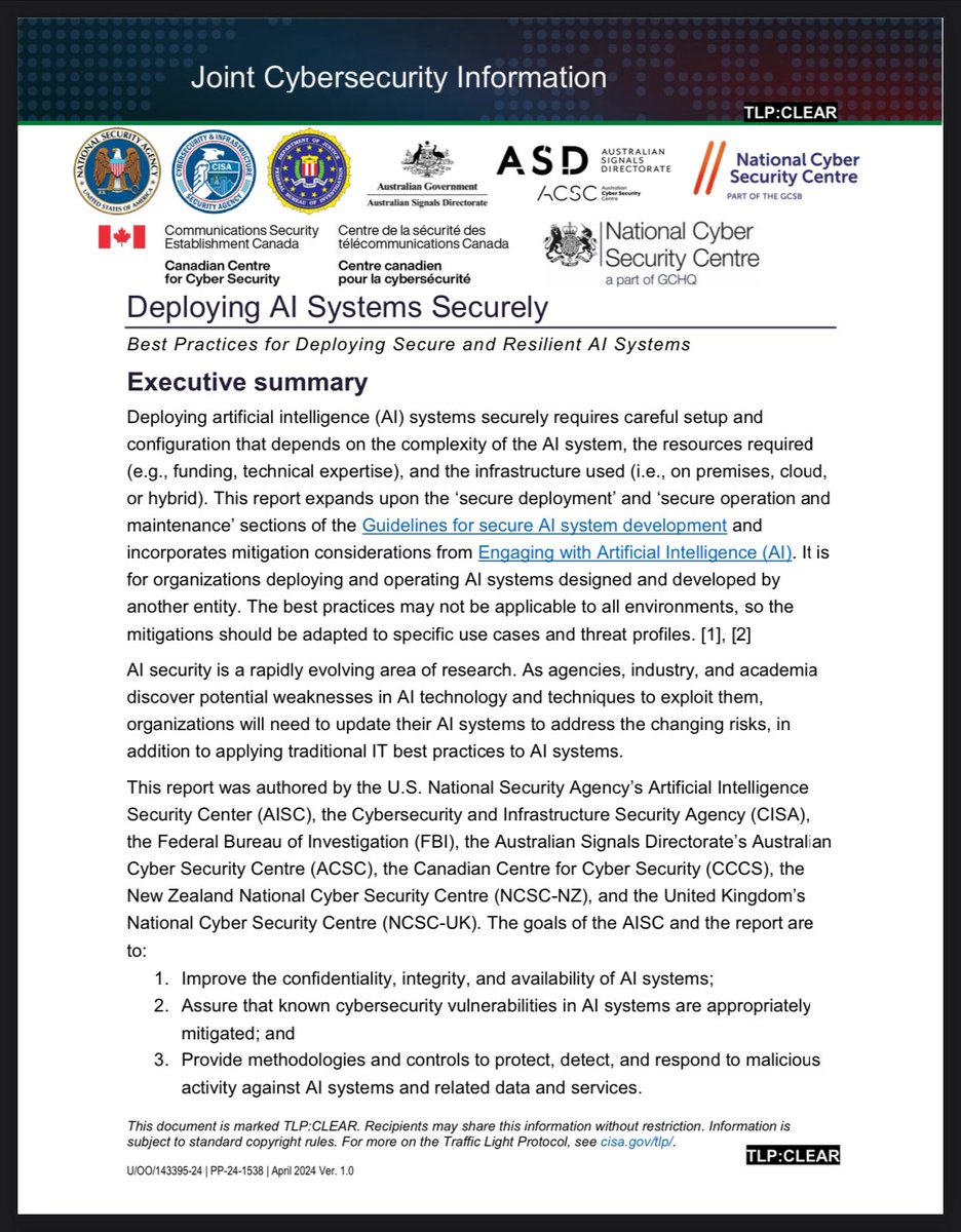 The US, Australia, Canada, New Zealand, and the UK publish the joint cybersecurity information sheet 'Deploying AI Systems Securely.'  Find the doc here media.defense.gov/2024/Apr/15/20… Yet the AU hasn’t ratified the Malabo Convention 10 years later 🤦🏽‍♂️💀 #infosec