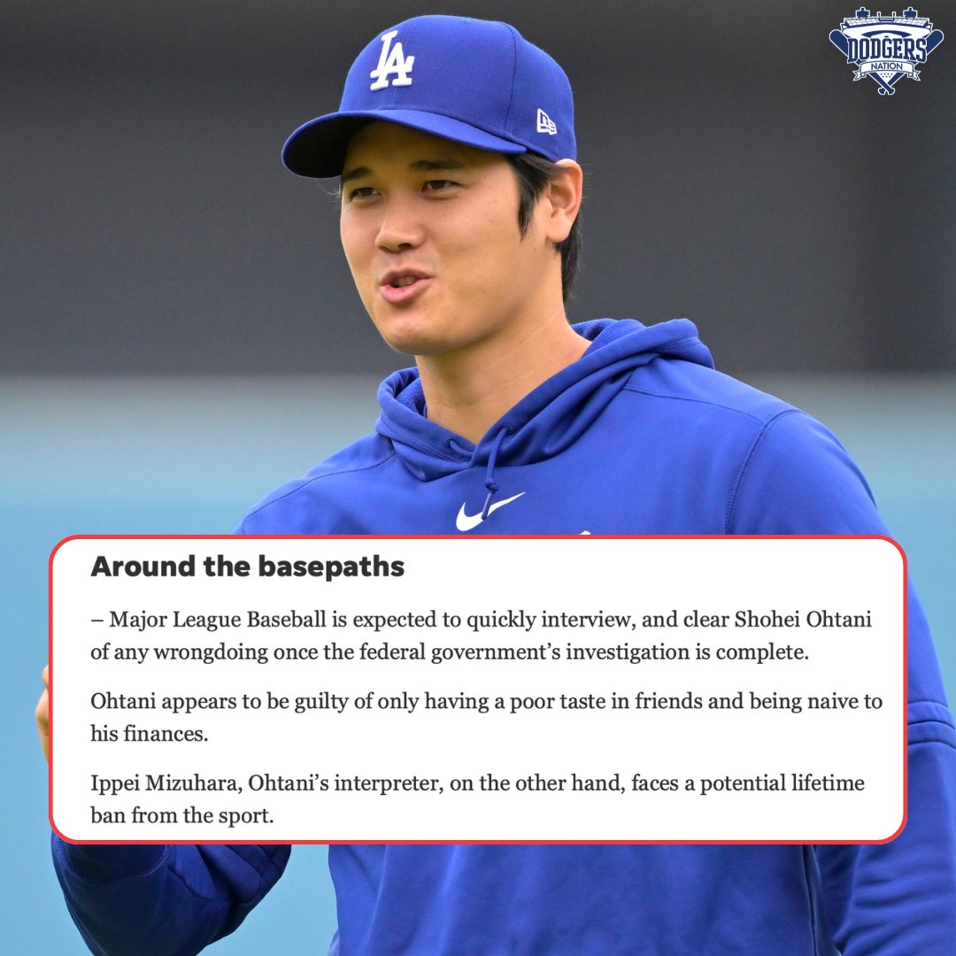 The MLB is expected to speak with Shohei Ohtani and clear him of any wrongdoing once the federal government’s investigation is over, according to Bob Nightengale.

Hopefully, the Dodgers can finally move past all of this soon.