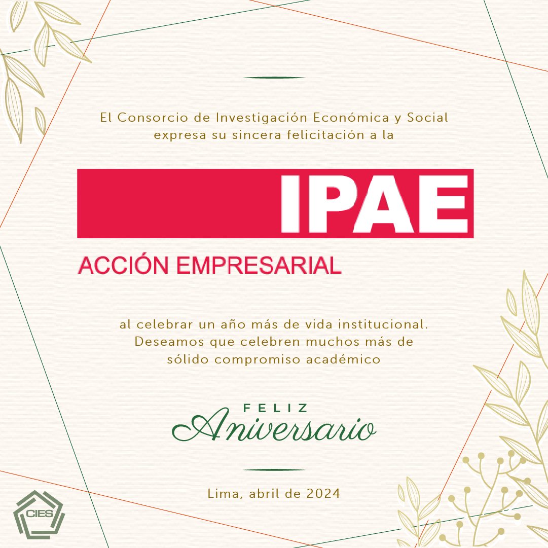 CIESLimaPeru's tweet photo. #CIESSocios │ El Consorcio de Investigación Económica y Social (CIES) saluda a su asociada, @IPAEPERU, por sus 65 años de creación institucional.

🎆 ¡FELIZ ANIVERSARIO! https://t.co/OBbIUCyIO6