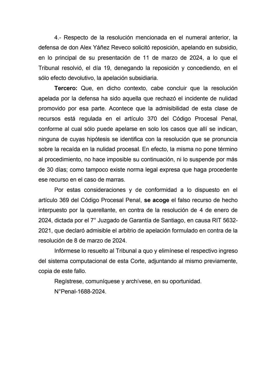 Corte de Apelaciones de Santiago, a petición de querellantes, resuelve declar inadmisible recurso de Apelación de general director de Carabineros Ricardo Yáñez. Vía @lmrendon