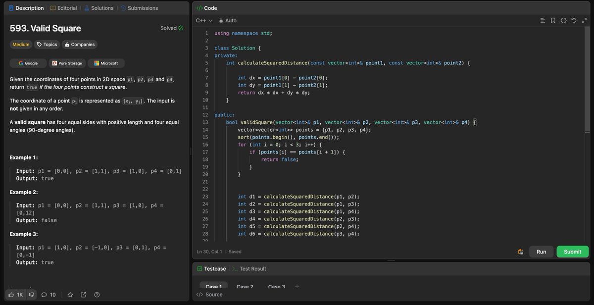 Day 29 of #100DaysOfCode: Solved LeetCode problem number 593. This problem seemed very easy to understand, but I learned a lot while implementing it.