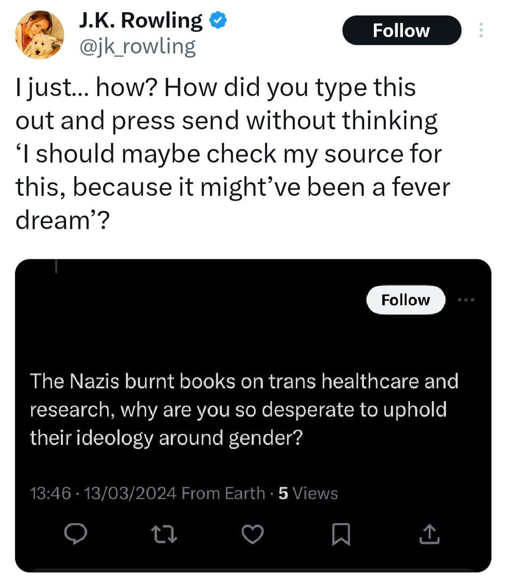 MaddiesALesbian's tweet photo. JK Rowling is a holocaust denier and I’m not afraid to say it because it’s not libel in my country https://t.co/PZVIj80AGW