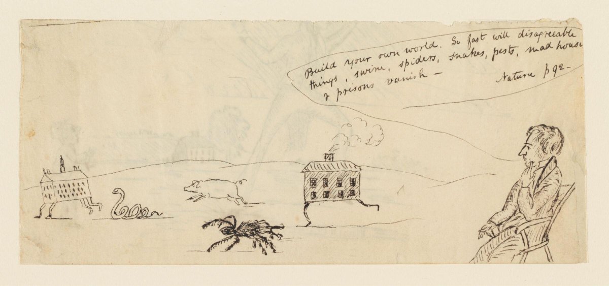 PublicDomainRev's tweet photo. Eyeball in a landscape in hat and jacket, human-headed melons, fleeing prisons... these are C. P. Cranch’s very literal illustrations of Emerson’s Nature (ca. 1837–39) — https://t.co/ov04h2vBUN https://t.co/oRjH4k40Lr