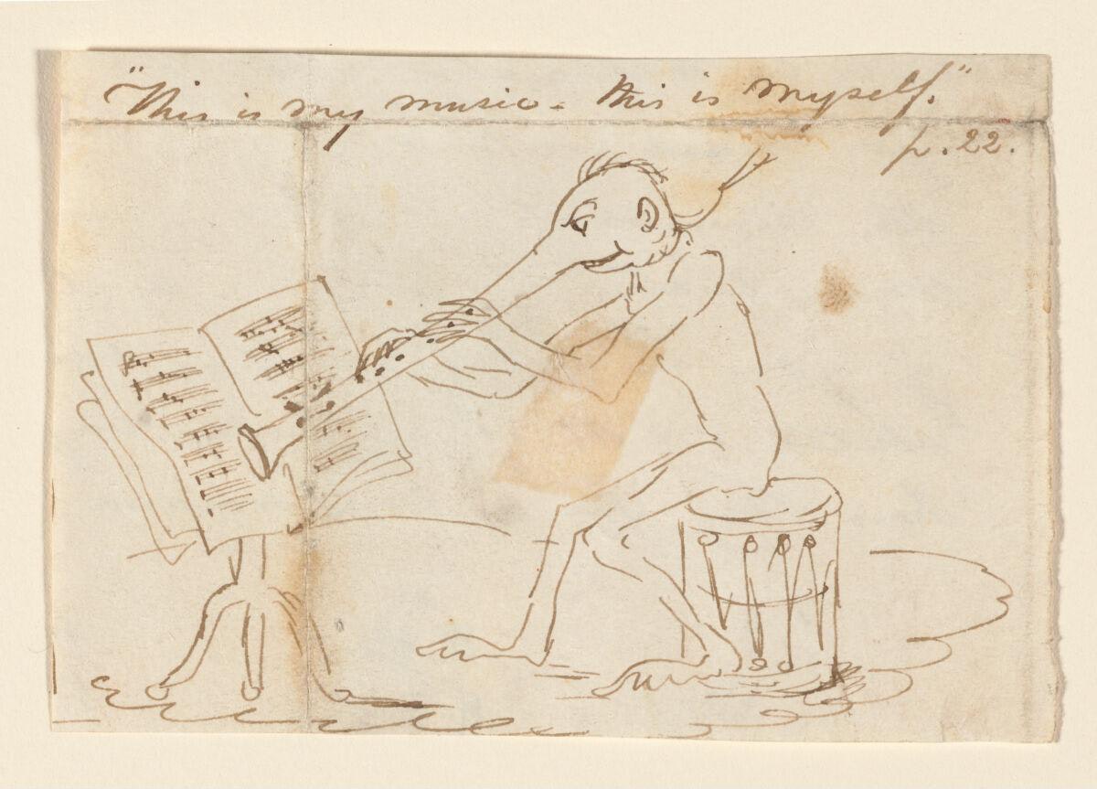 PublicDomainRev's tweet photo. Eyeball in a landscape in hat and jacket, human-headed melons, fleeing prisons... these are C. P. Cranch’s very literal illustrations of Emerson’s Nature (ca. 1837–39) — https://t.co/ov04h2vBUN https://t.co/oRjH4k40Lr