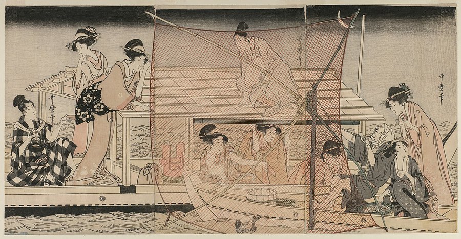 Net Fishing at Night on the Sumida River, by Kitagawa Utamaro, ca. 1800 #ukiyoe