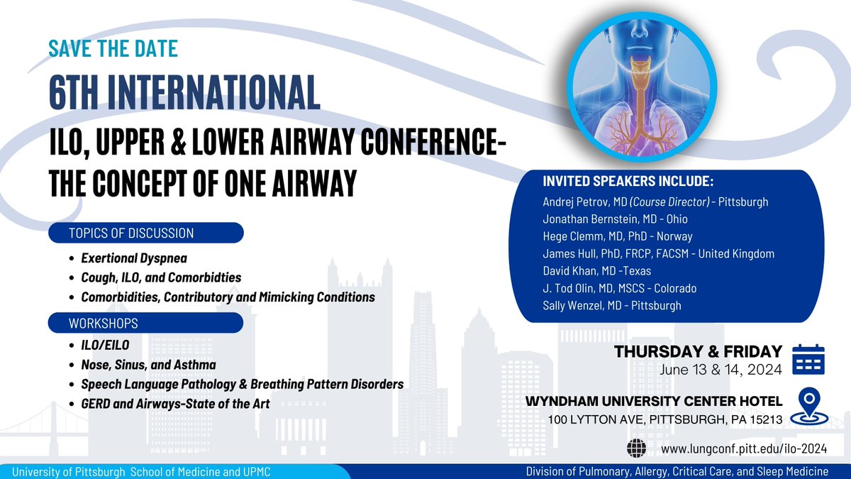 The 6th Intl ILO Conference coming up soon! lungconf.pitt.edu/ilo-2024/ Take advantage of the early registration discount before May 25! @PittHealthSci @UPMCPhysicianEd @OtoPittPeds @Pitt_ENT