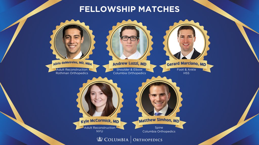 CONGRATS to our residents who matched for fellowships today. Alirio deMeireles, Adult Reconstruction, Rothman Ortho Andrew Luzzi, Shoulder/Elbow, Columbia Ortho Gerard Marciano, Foot/Ankle, HSS Kyle McCormick, Adult Reconstruction, NYU Matt Simhon, MD, Spine, Columbia Ortho