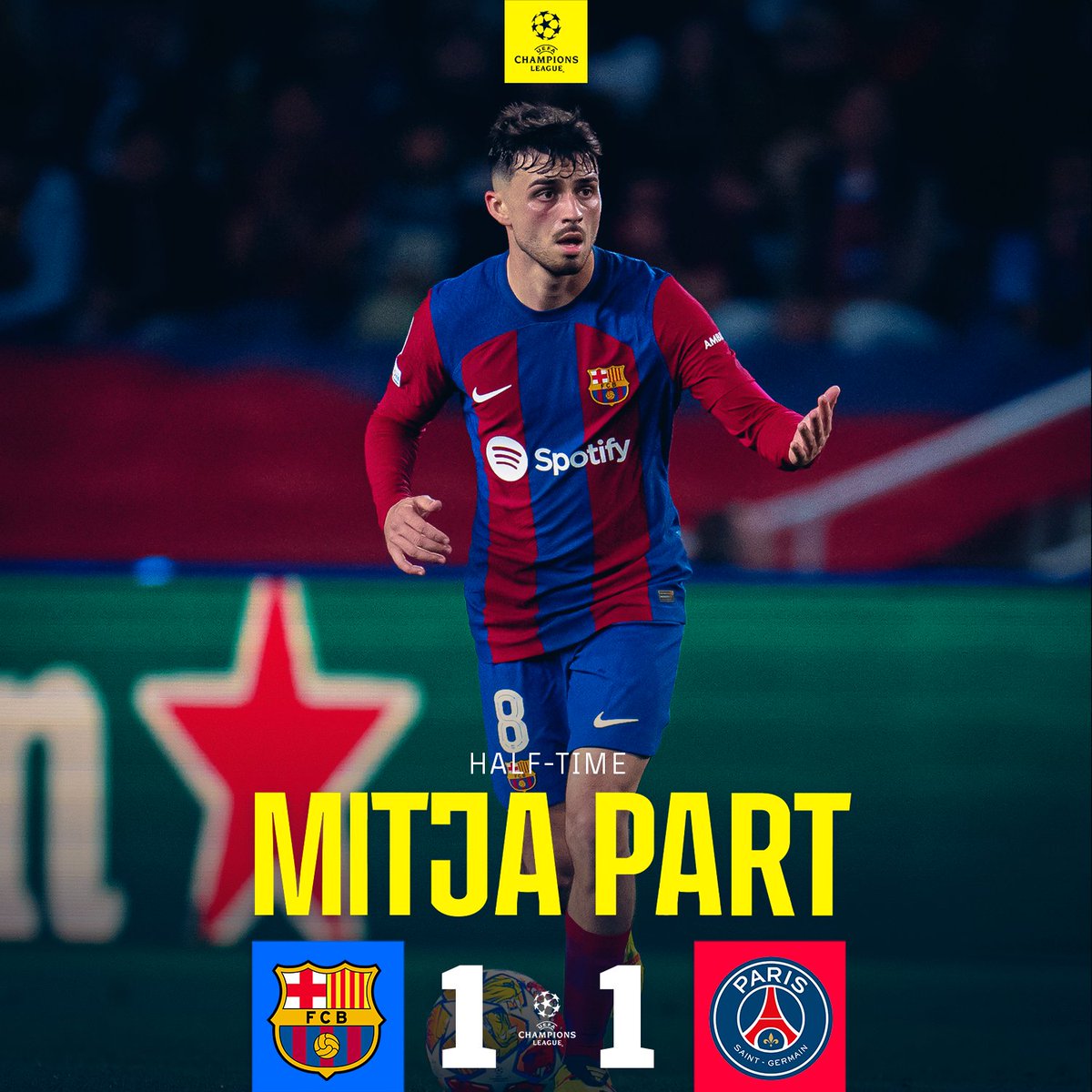 ❗C'est la pause au Stade Olympique, où le Barça et le PSG se neutralisent 1-1. Les Catalans jouent à 10 depuis l'expulsion de Ronald Araujo à la demi-heure de jeu (buts de Raphinha, 12'/Dembélé 40' | score cumulé 4-3) #BarçaPSG