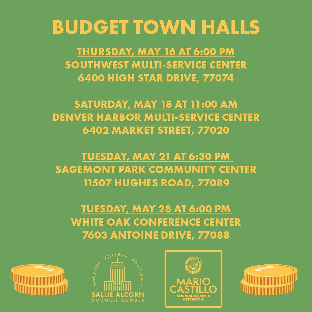 Budget season is fast approaching! A few ways for you to participate: 1️⃣ My YOUR TWO CENTS budget survey is back! See the link below. 2️⃣ Attend a budget workshop. 3️⃣ Come to one of our four in-person budget town halls and let your voice be heard. houstontx.gov/council/5/budg…