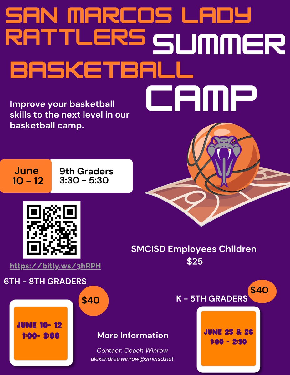 🏀Save The Date🏀 Registration is now open for the Lady Rattlers Summer Basketball Camp in June. We look forward to seeing our youth in the gym this summer. Come get better with us. 🐍🏀💜 #LadyRattlersBasketball #SummerCamp