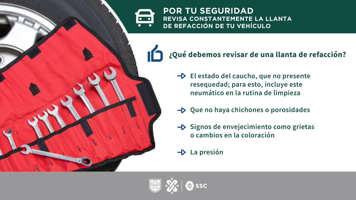 #CiudadSegura | Para estar #SegurosEnLaVialidad, verifica tu #LlantaDeRefacción 🛞, con estos #OvialTips que tenemos para ti 👇🏼. #SomosSSC 👮🏻🚔👮🏻‍♂️