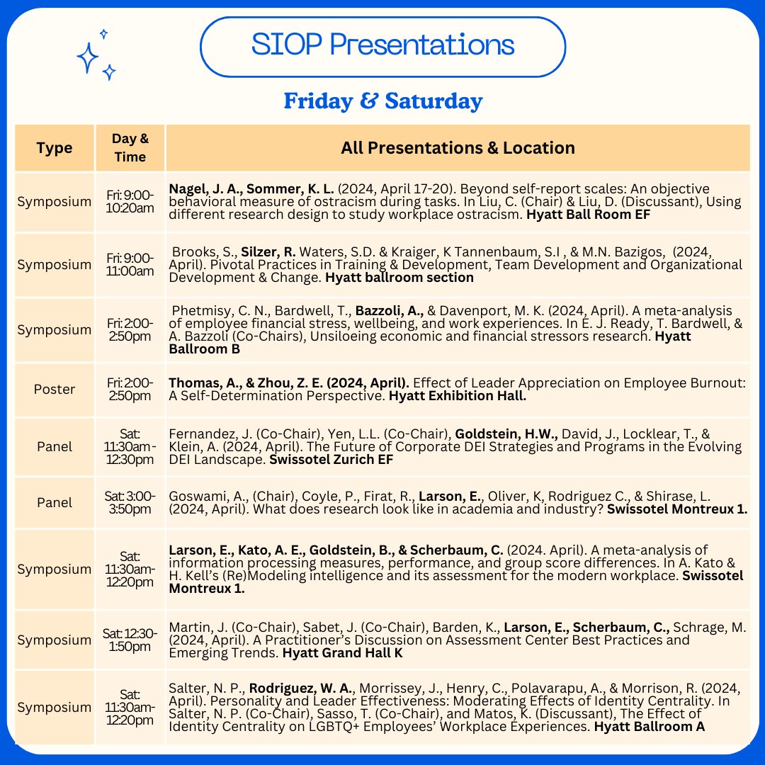 SIOP is one day away! Please come check out the various presentations from our Baruch students, faculty, and alumni. So excited to see you all there! 🤩 #SIOP2024

#IOatBaruch #BaruchPride @SIOPtweets @GC_CUNY @BaruchCollege @Baruch_Weissman