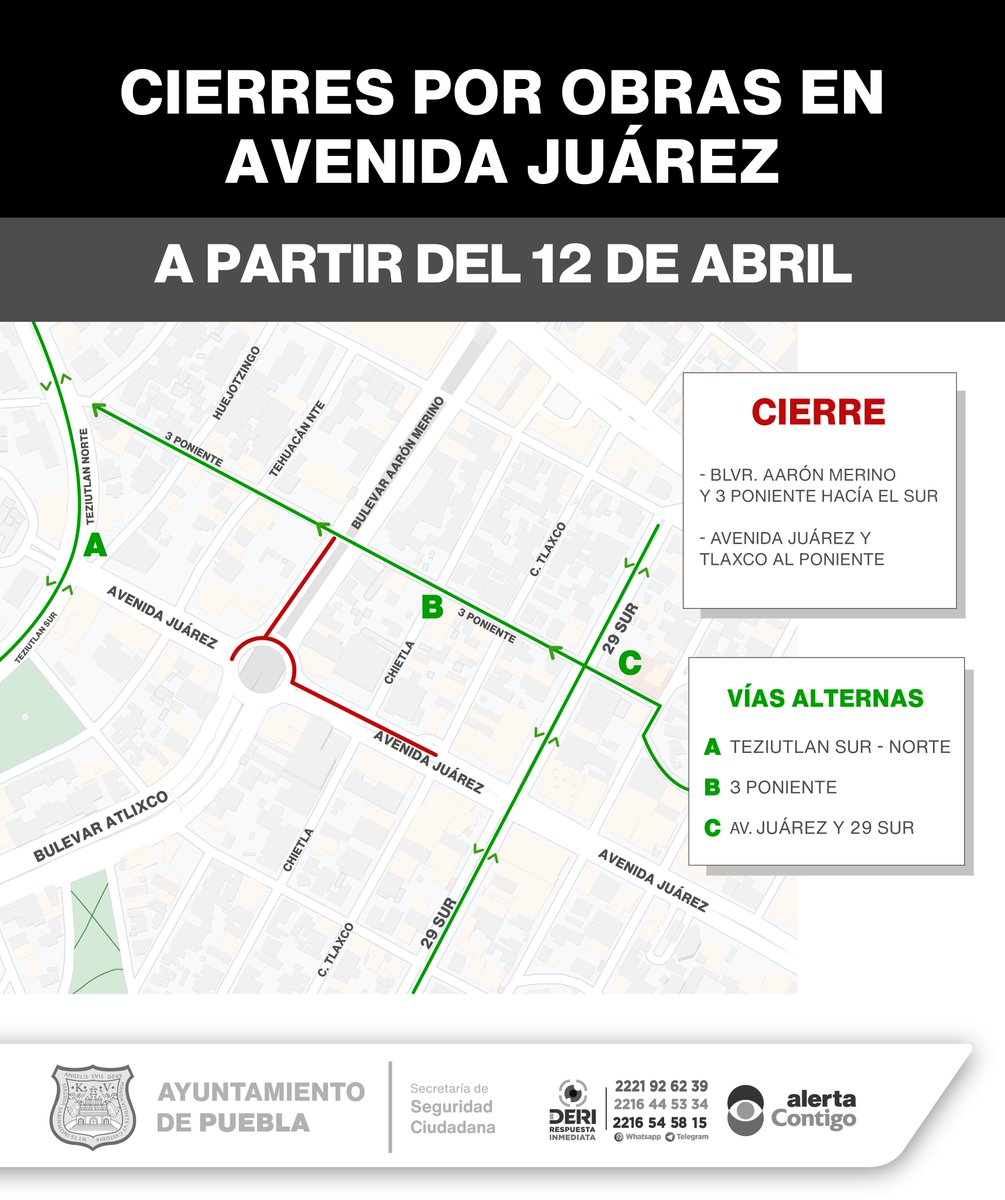 #TómaloEnCuenta 🚧 | Debido a la realización de obras de rehabilitación vial, se implementan cierres a la circulación en: 📍 Av. Juárez y Bulevar Aarón Merino. 🚘 Revisa las vías alternas y planifica tu ruta.