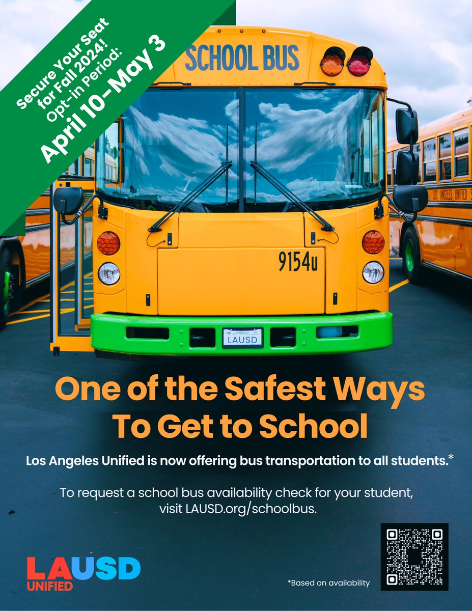 Big news, Los Angeles Unified families! The Transportation for All program is now open to all students through an easy opt-in process. Don’t wait – secure your child’s spot on the bus by May 3 at lausd.org/schoolbus.