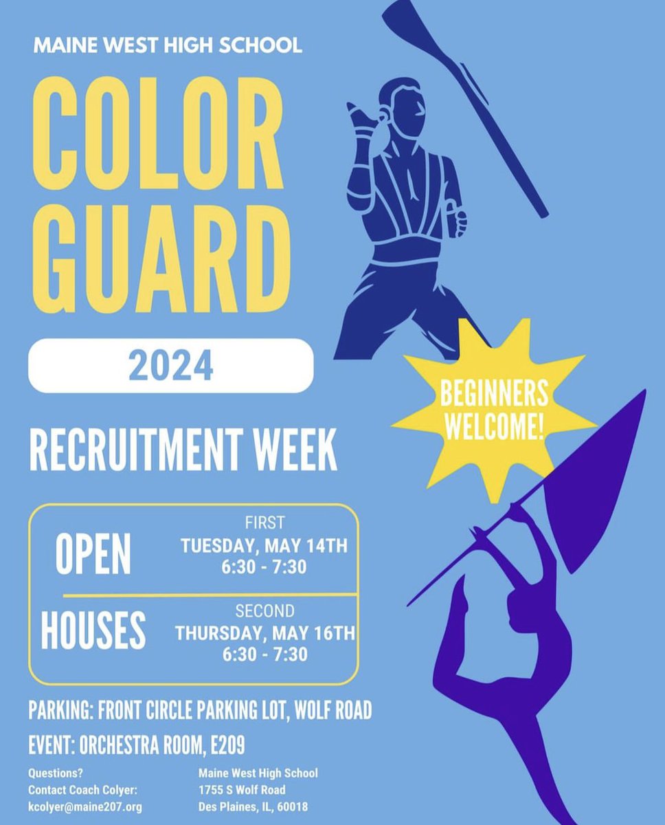 mainewestFAB's tweet photo. Color Guard starts again SOON! Mark these dates on your calendar! 
Have questions? Contact Coach Colyer at kcolyer@maine207.org. 
@mainewestdrama @mainewestband @wmth_west @mainewesttechcrew @mwspeechteam 
@mwactivities @mwfinearts @mworchestras @westsidedanceco @mw_drumline https://t.co/Ng3IvpK5a4