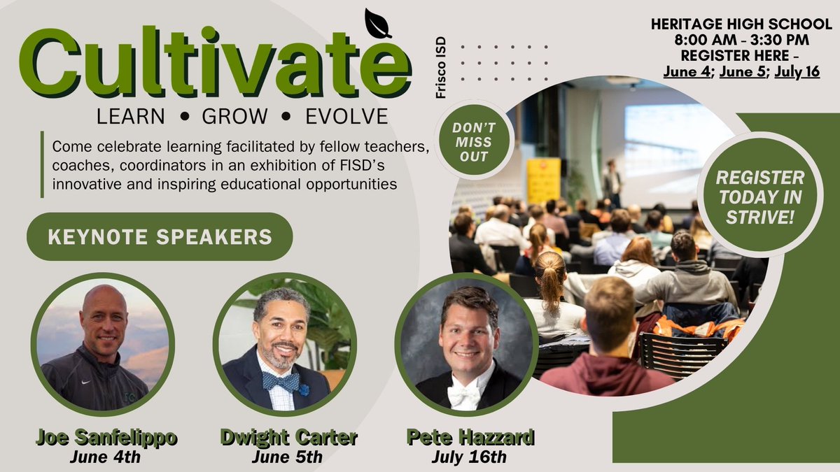 👉Registered for FISD Cultivate '24 yet? What are you waiting for!?! 😎Here is a quick look at our Keynotes! You will not want to miss out! ✅Sign up TODAY in Strive. 🎤Stay tuned for more info on spotlight sessions. @Joe_Sanfelippo @Dwight_Carter @hazzardwp