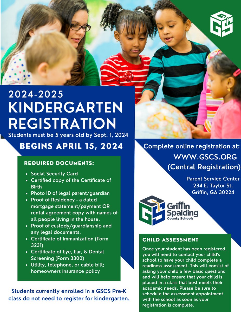 2024-25 @GriffinSpalding Kindergarten Registration is happening now! Students must be 5 years old by Sept. 1, 2024. For more info. and to complete online registration visit: gscs.org/o/gscss/page/c…