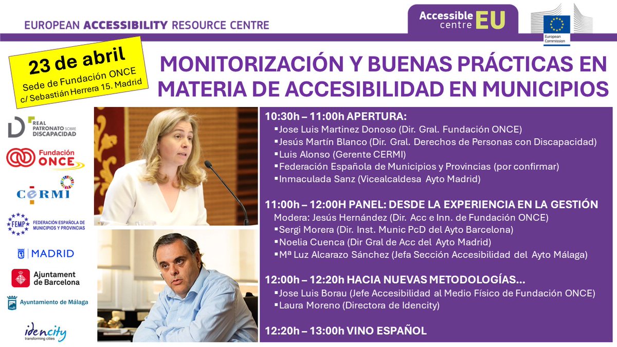 AVANZANDO EN ACCESIBILIDAD URBANA... Jornada de gran interés el próximo 23 de abril sobre innovación y gestión urbana de la accesibilidad. 🗓️23 abril ⏰10:30h - 13:00h 📌Fundación ONCE (c/ Sebastián Herrera 15) Te puedes apuntar directamente aquí 👇 ec.europa.eu/eusurvey/runne…