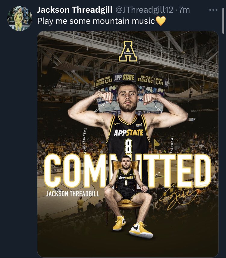 🚨Charlotte transfer Jackson Threadgill has committed to App State, per his twitter/X

📊The 6’6” senior averaged 5.6 PPG this past season. One year of eligibility 

#AppState #SunBeltMBB #CollegeBasketball