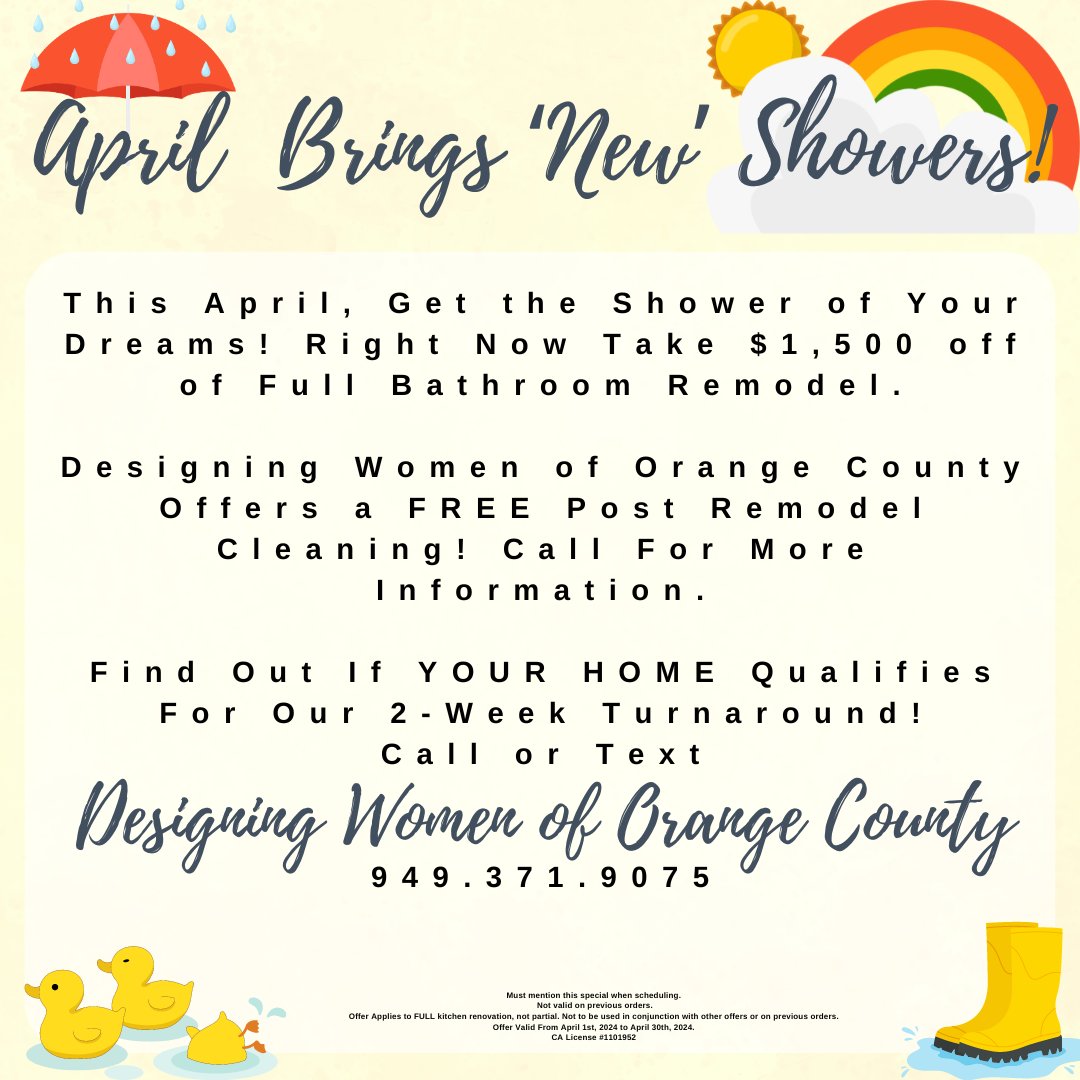 🌈April Brings 'New' Showers!🚿  

This Month Take $1,500 off of a Complete Bathroom Remodel!       
#DesigningWomenofOrangeCounty
949.371.9075 
#OC #Remodel #Bathroom #BathroomRemodel #Designer #InteriorDesigner #April #Shower #Spring #Sale #Tuesday