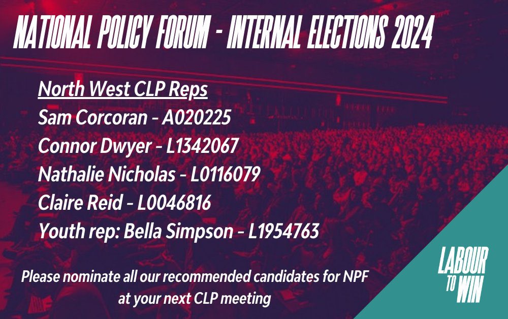 A huge thanks to North West CLPs so far who have backed myself and @labtowin NPF candidates. 🌹Ellesmere Port and Bromborough 🌹Gorton and Denton 🌹Lancaster and Wyre 🌹Preston 🌹Tatton If your CLP is nominating for the NPF, drop me a message. Happy to answer your questions!
