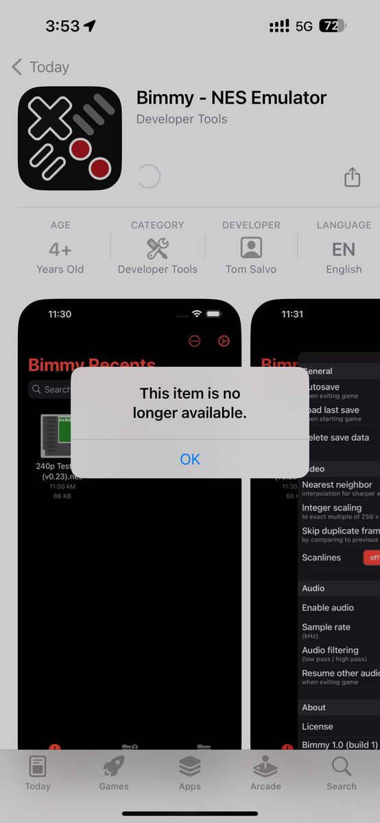 cohenHD's tweet image. Here one moment and gone the next. 

#NES #emulator for #iPhone #Bimmy is now longer available. I hope it is just an App Store glitch.