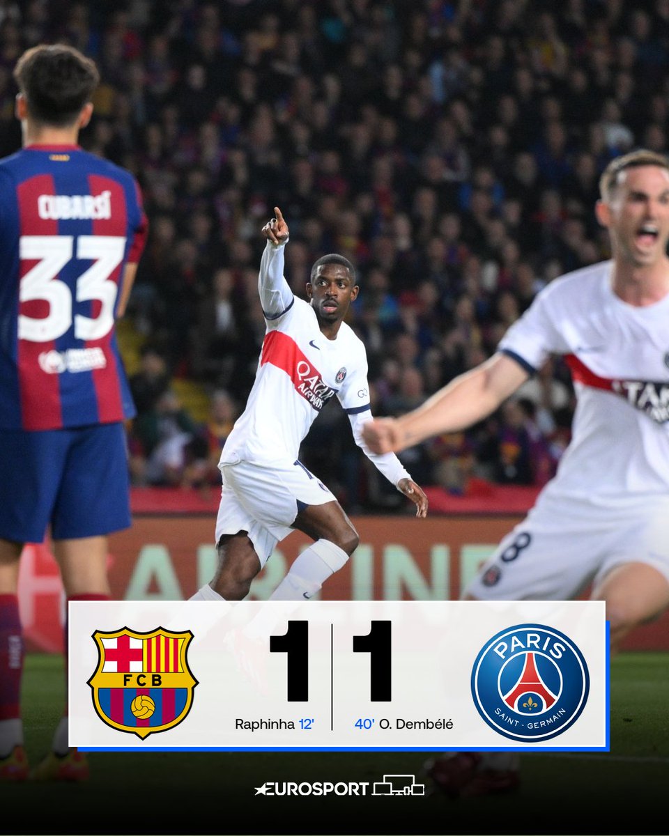 😌 Dembélé permet au PSG de rester dans le coup à la mi-temps ! Le match en direct 👉 bit.ly/3xx9ex6 #FCBPSG #UCL