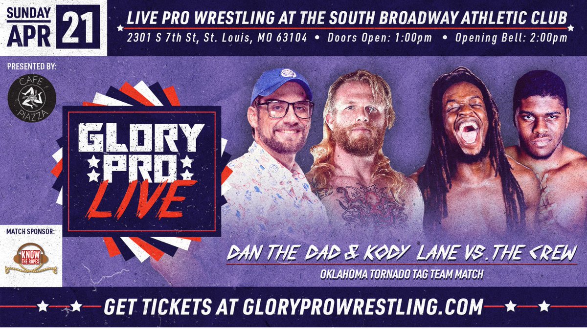 Glory Pro Wrestling (@weareglorypro) on Twitter photo This year's biggest day of pro wrestling in STL kicks off with Glory Pro LIVE at the South Broadway Athletic Club just 10 mins from Chaifetz Arena!
Sunday April 21 | 2pm
Ft <a href="/JPWARHORSE/">Warhorse</a> <a href="/Shazza_McKenzie/">Shazza McKenzie / シャザ マッケンジー</a> <a href="/collins__philly/">Philly C.</a> <a href="/MarinoTenaglia/">Marino TENAGLIA</a> <a href="/ThanksDanTheDad/">Dan the Dad ダン・ザ・ダッド</a> <a href="/freya_the_slaya/">Freya the Slaya</a> This year's biggest day of pro wrestling in STL kicks off with Glory Pro LIVE at the South Broadway Athletic Club just 10 mins from Chaifetz Arena!
Sunday April 21 | 2pm
Ft <a href="/JPWARHORSE/">Warhorse</a> <a href="/Shazza_McKenzie/">Shazza McKenzie / シャザ マッケンジー</a> <a href="/collins__philly/">Philly C.</a> <a href="/MarinoTenaglia/">Marino TENAGLIA</a> <a href="/ThanksDanTheDad/">Dan the Dad ダン・ザ・ダッド</a> <a href="/freya_the_slaya/">Freya the Slaya</a>