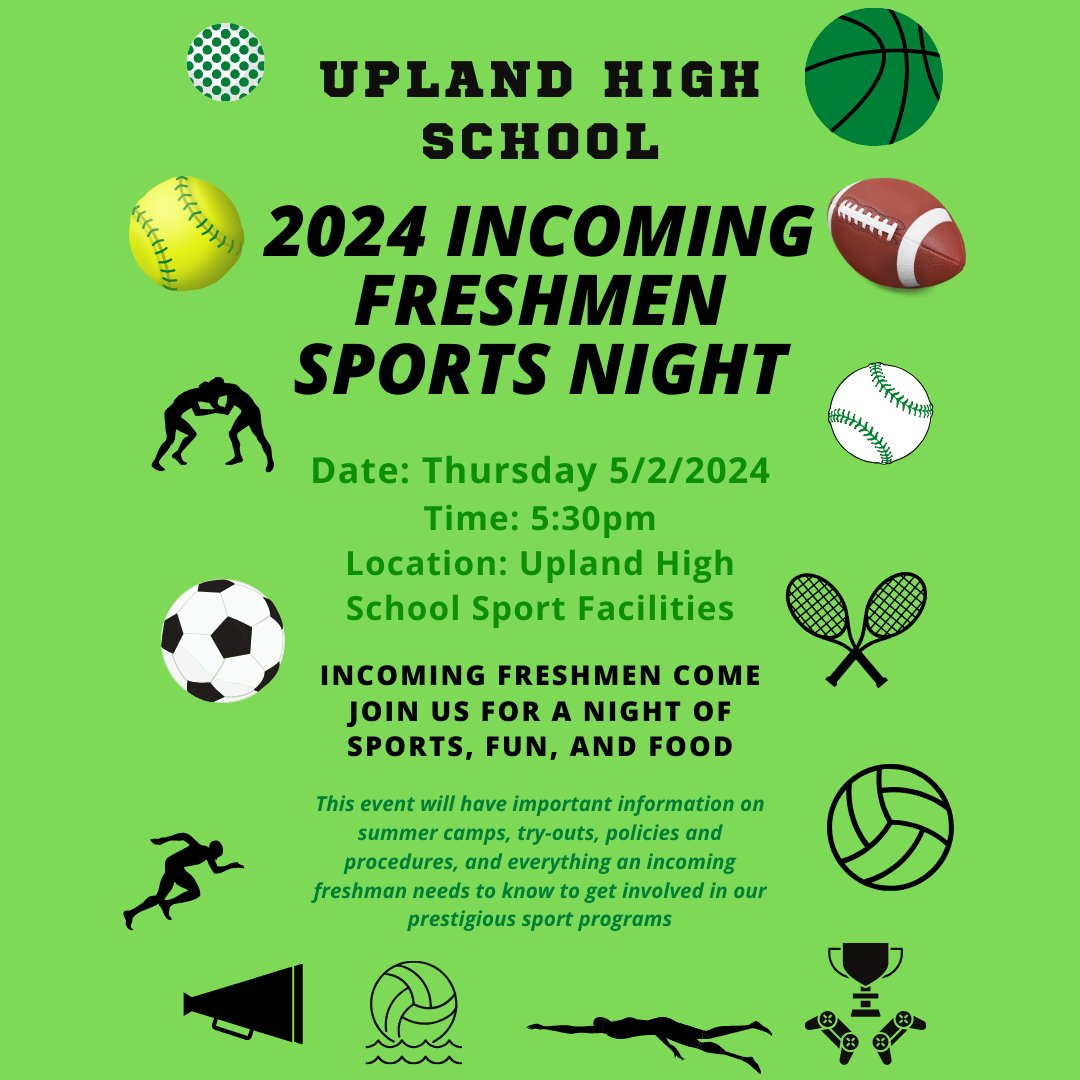 Incoming Freshmen Sports Night Thursday 5/2 5:30 PM at UHS INCOMING FRESHMEN COME JOIN US FOR A NIGHT OF SPORTS, FUN, AND FOOD