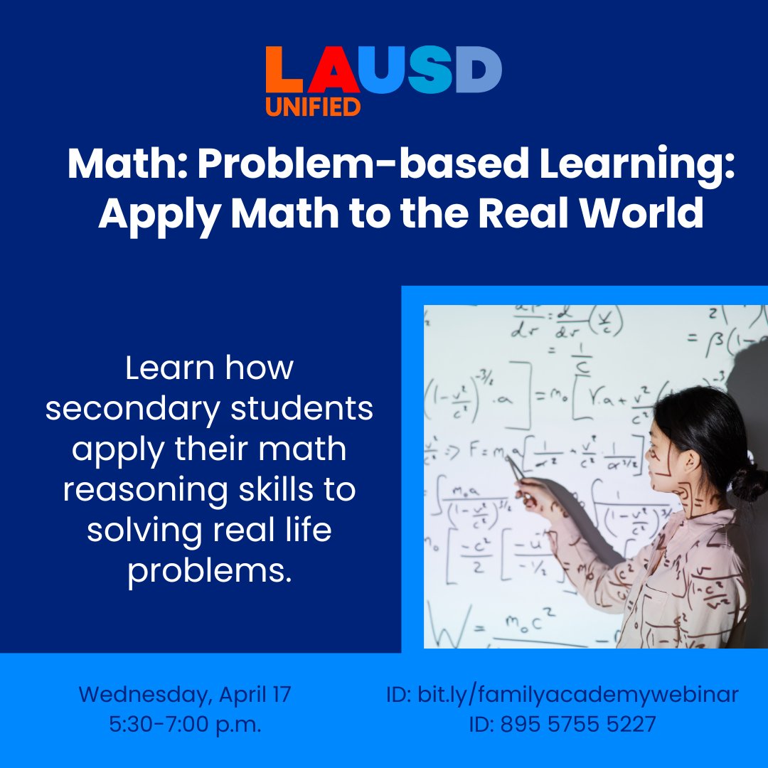 Learn how secondary students apply their math reasoning skills to solve real-life problems from the experts @LAUSD_Achieve. Join us on Wed. 04/17 at 5:30pm on: bit.ly/familyacademyw…