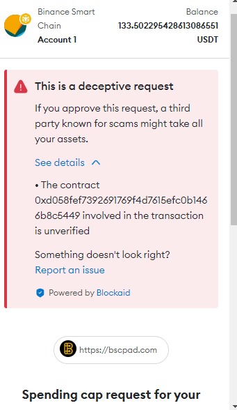 SeumpTrust's tweet photo. @BlueZillaVc 
• The contract 0xd058fef7392691769f4d7615efc0b1466b8c5449 involved in the transaction is unverified, is the warning given by Metamask. Why are you using unverified contract address for the IDO at @BSCPad platform? This is the first time I noticed a warning from MM. https://t.co/Tv20v8oCsh