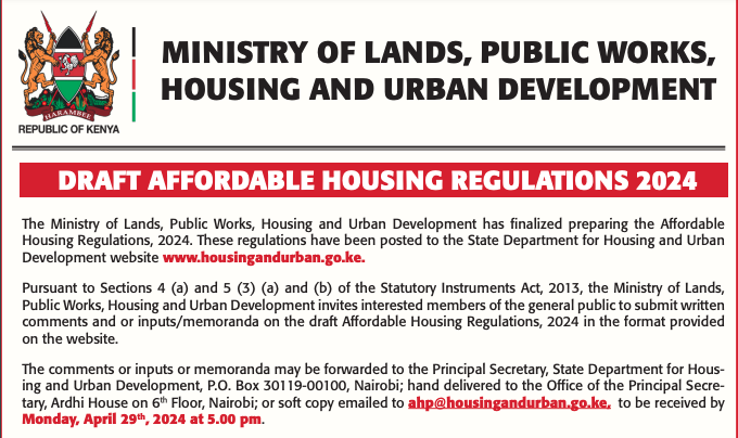 AmbokoJH's tweet photo. Have you seen the Draft Affordable Housing Regulations 2024? 

The State Department for Housing is inviting comments from the public &amp; we have until April 29th, 5:00pm to submit comments on the regulations. 

Here's what I think you need to know, a 🧵 https://t.co/CxOx2Nf8NW