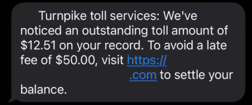 Do you drive on #Texas toll roads? Be wary of suspicious texts similar to the one below!

The #FBI has seen a spike of smishing texts representing road toll collection services in multiple states. More about this Road Toll Services scam here: ow.ly/NZCW50RhwSl #HouNews