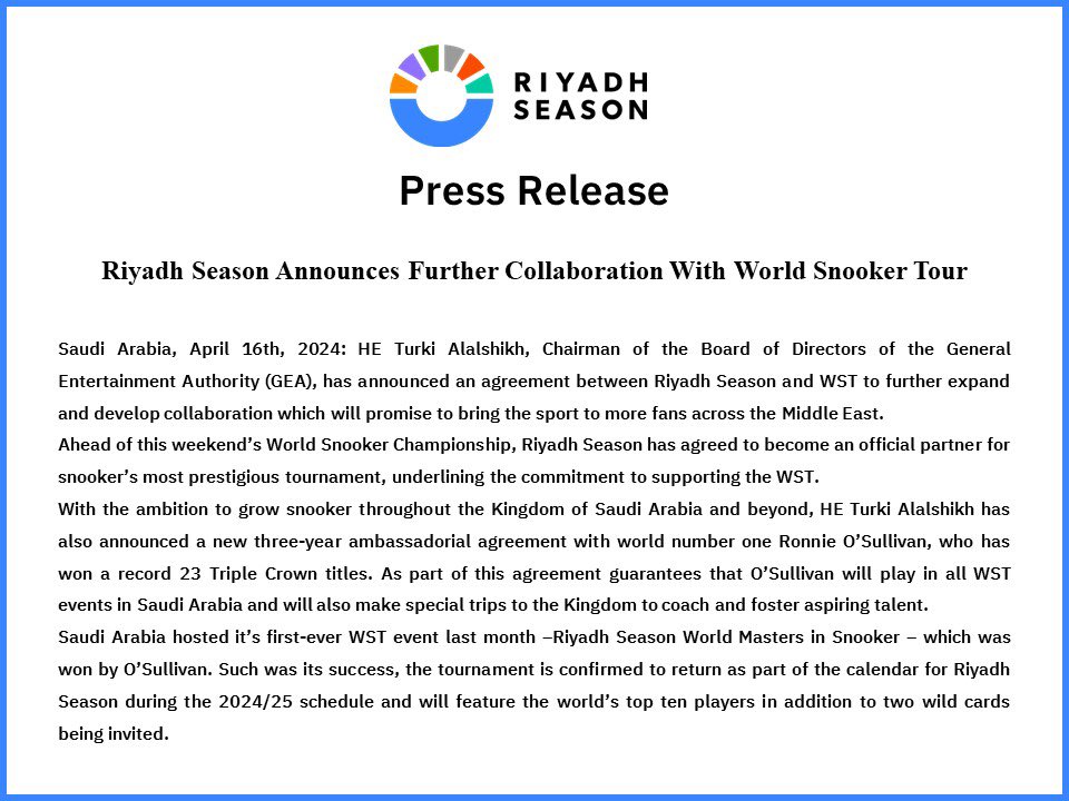 Turki_alalshikh's tweet image. An official partnership between Riyadh Season and the World Snooker Tour aimed at promoting the sport of snooker in the Kingdom, with the world's number one ranked player, Ronnie O'Sullivan, serving as the ambassador of the game in Saudi Arabia 🎱❤️🇸🇦

#RiyadhSeason
#موسم_الرياض