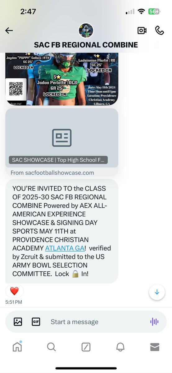 Thank you for the invitation to the SAC FB Regional Combine in Atlanta at Providence Christian Academy!! @HallTechSports1 @DownSouthFb1 @DexPreps @HallTechSports1 @PrepsAlabama00 @AL_Recruiting @AL4afootball @annaesnyder2 @TAProfileAPP @Carlito25Way @SOTGsmoke @AScholarsBrand