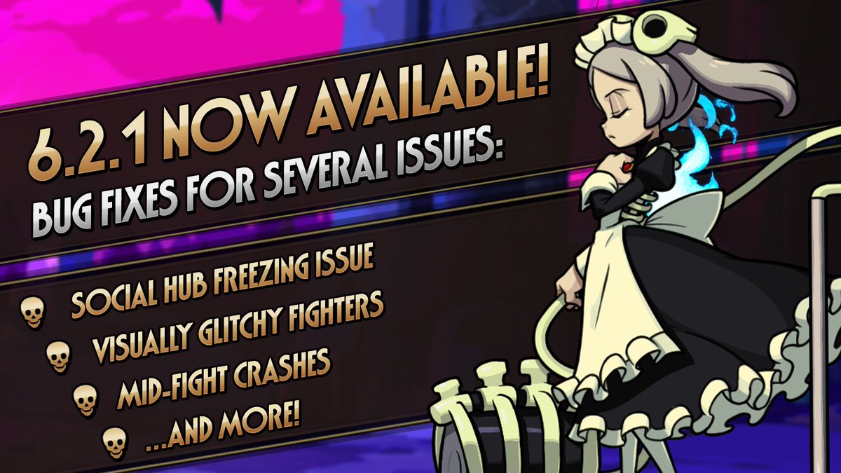 6.2.1 is now available. This update addressed issues introduced in 6.2.1, including the game freezing when sending Gifts, Theonite and Canopy Coin values appearing incorrectly, and several other issues. 🔗: Full update notes: bit.ly/skullgirls-6-2…