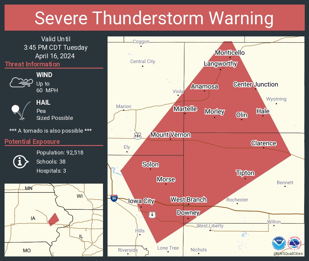 Severe Thunderstorm Warning including Iowa City IA, Anamosa IA and Mount Vernon IA until 3:45 PM CDT