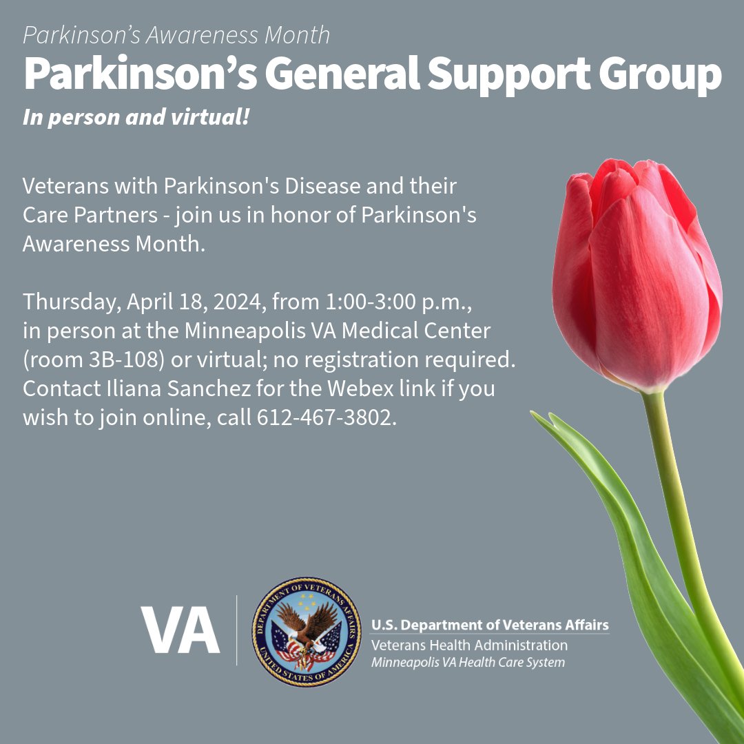 Veterans with Parkinson's Disease and their Care Partners - join us in honor of Parkinson's Awareness Month! April 18, 2024, from 1:00-3:00 p.m., in person at the Minneapolis VA Medical Center (room 3B-108) or virtual; no registration required. Details: va.gov/minneapolis-he…