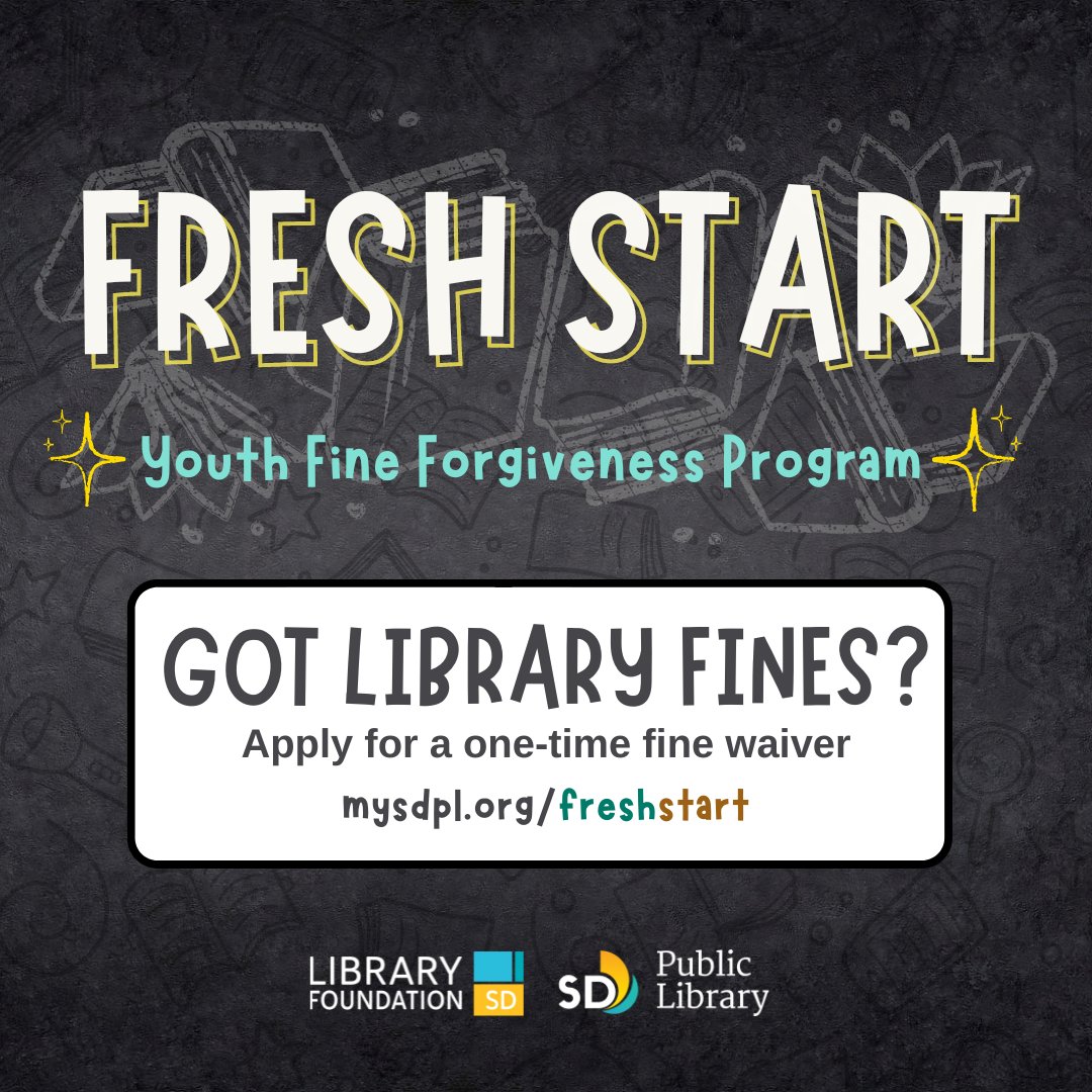 Haven't been to the library for a bit because of books you lost as a kid? 😭 Cardholders with fines on their current (or former) youth library accounts may apply for a one-time waiver using ✨Fresh Start ✨ a youth fine forgiveness program at SDPL! 🤯 mysdpl.org/freshstart