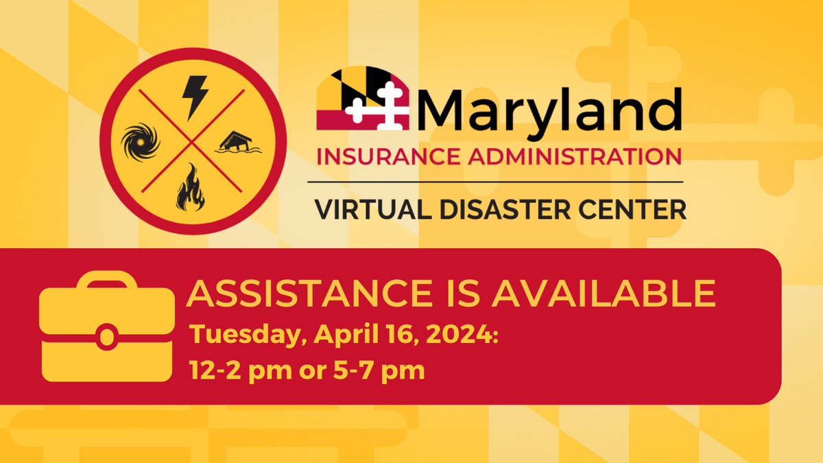 ASSISTANCE IS AVAILABLE: April 16 from 5-7 pm

The @MD_Insurance is opening our Virtual Disaster Center to help with insurance-related questions regarding losses from the FSK Bridge disaster. Use this Zoom link: zoomgov.com/j/1614159526 

#marylandtough #baltimorestrong