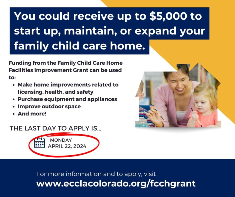 Grants up to $5K for your family child care home await! ECCLA helped 101 homes with $432,822 last year. Apply by 4/22/24 to be considered for this round of funding to start up, expand, or maintain operations. Time’s ticking! ⏳ Details at eccolorado.org/fcchgrant