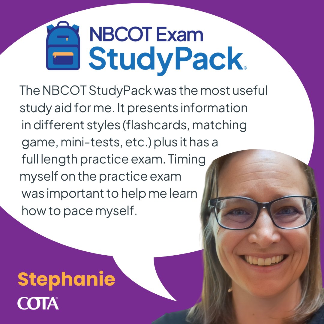 NBCOT's tweet photo. #FutureOTRs & #FutureCOTAs, check out how the NBCOT StudyPack helped #CertifiedCOTA Stephanie prepare for her exam! Have any tips to add? Share in the comment section below! #OccupationalTherapy #NBCOTCertificationMatters https://t.co/p6cWzlISRb