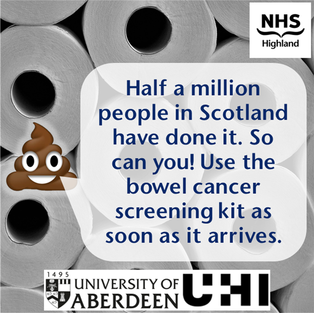 Aged 50-74? half a million people in Scotland have taken part in bowel screening. So can you. Please use the bowel screening kit when it arrives in the post. For more information visit nhsinform.scot/bowelscreening #ScotsScreening