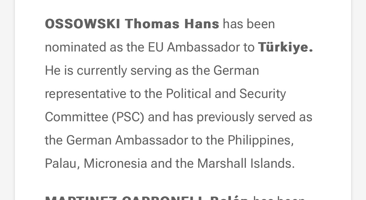 nvanheukelingen's tweet photo. Announced today: Thomas Hans Ossowski will be the new EU ambassador to Turkey. He succeeds Nikolaus Meyer-Landrut (who is also German). 🇹🇷🇪🇺 https://t.co/JwP5W5lPix