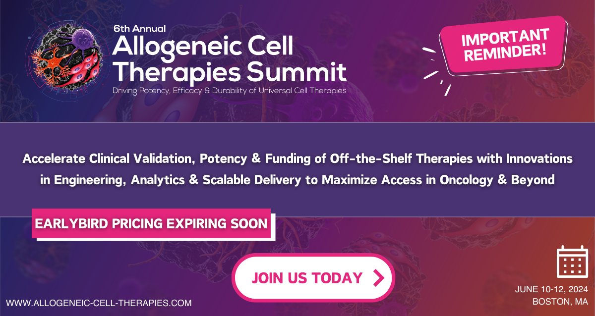 Connect with 50+ expert speakers at the 6th Annual Allogeneic Cell Therapies Summit to deliver affordable, accessible, and universal cell therapies to patients across the globe. Secure your pass today: ter.li/8f54hc