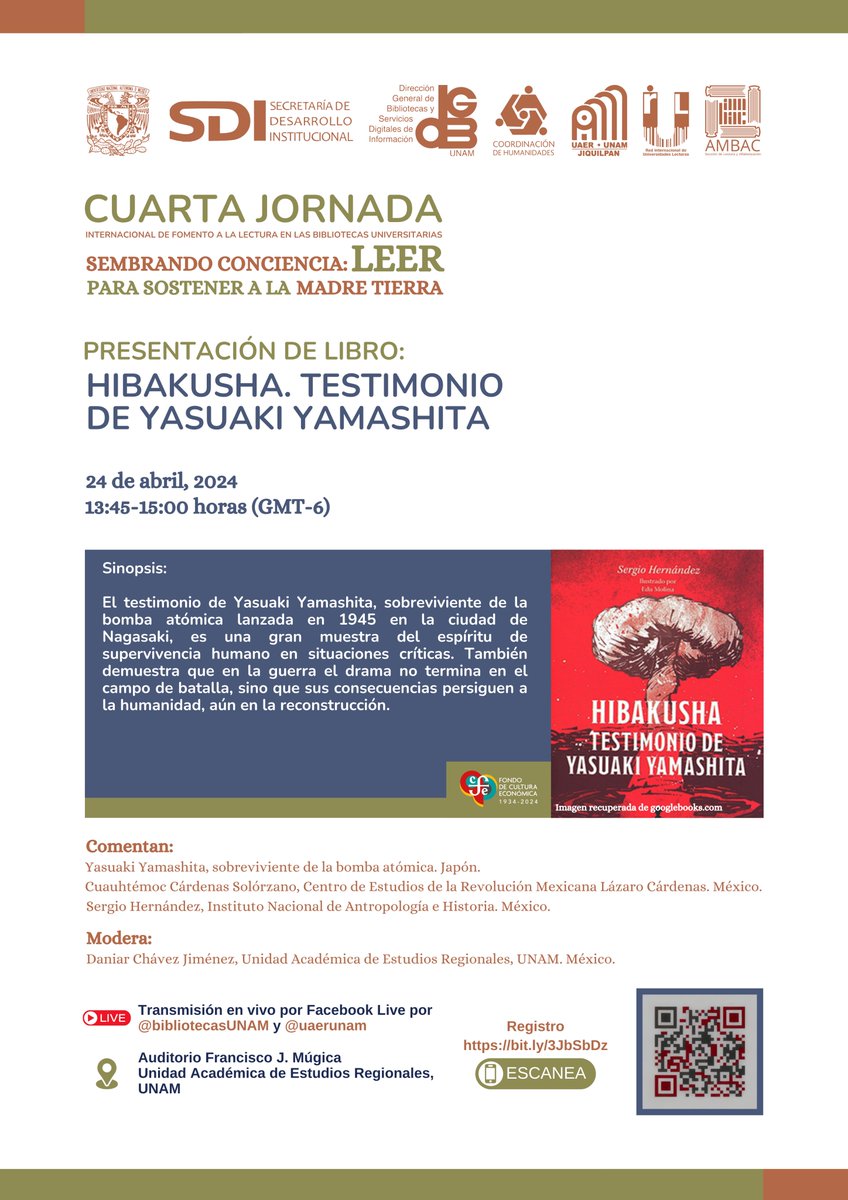 Dentro de las actividades de la IV Jornada internacional de fomento a la lectura, se presentará el libro 📙 Hibakusha. Testimonio de Yasuaki Yamashita, sobreviviente de la bomba atómica lanzada en 1945 en Nagasaki. Registro 👇 bit.ly/3JbSbDz @bibliotecasUNAM